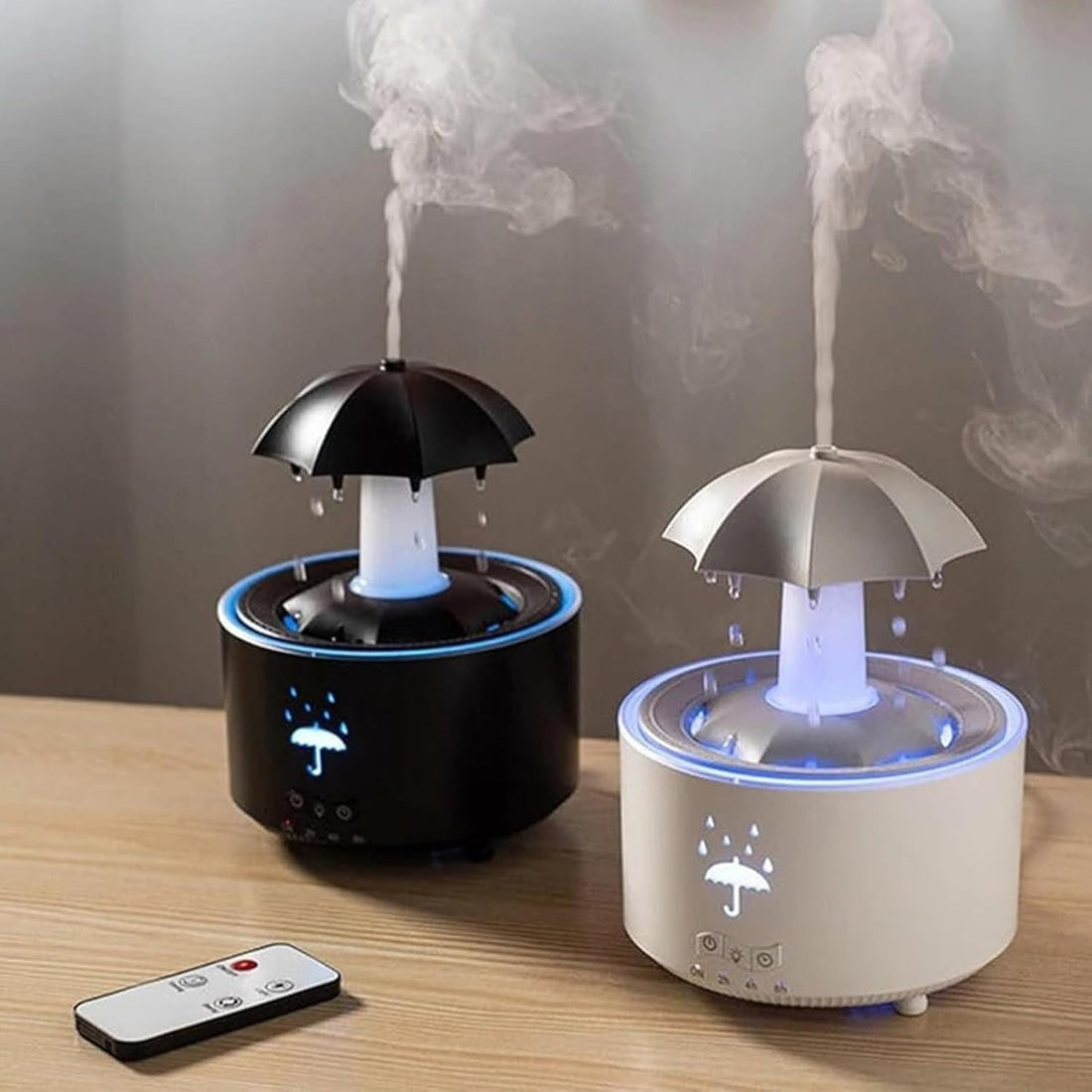 Umbrella Humidifier, Umbrella Diffuser with Rain Effect, Misefy Zupina Humidifier, Umbrella Waterfall Humidifier with Water Droplets, 7-Color Led Rotating Aroma Diffuser with Remote (White-1 Pc)