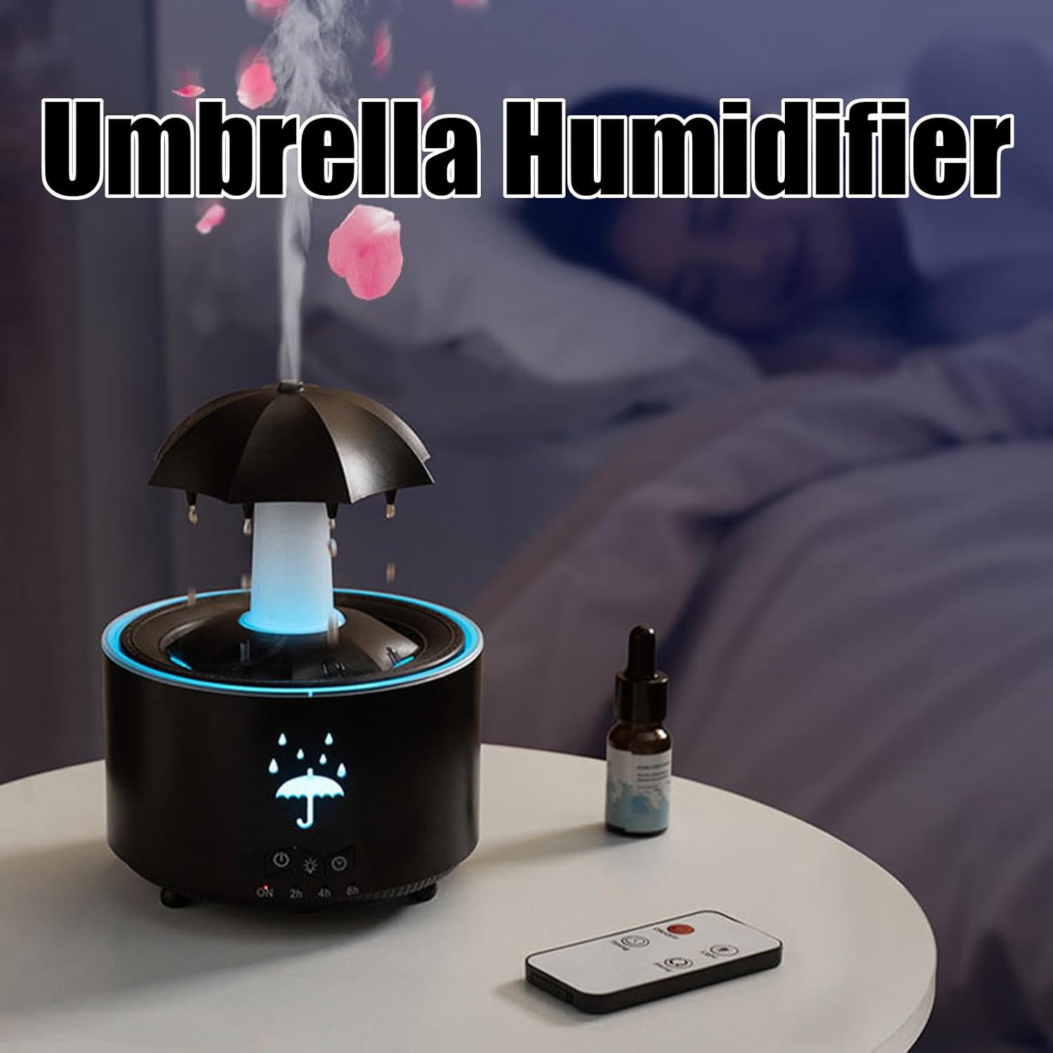 Umbrella Humidifier, Umbrella Diffuser with Rain Effect, Misefy Zupina Humidifier, Umbrella Waterfall Humidifier with Water Droplets, 7-Color Led Rotating Aroma Diffuser with Remote (White-1 Pc)