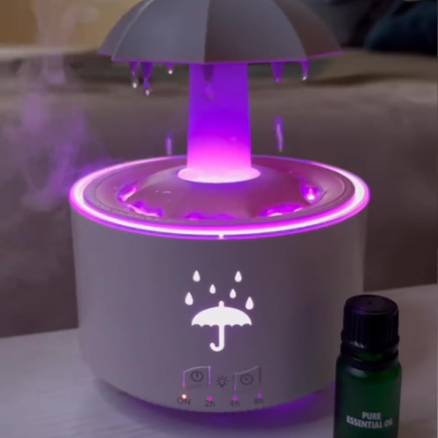 Umbrella Humidifier, Umbrella Diffuser with Rain Effect, Misefy Zupina Humidifier, Umbrella Waterfall Humidifier with Water Droplets, 7-Color Led Rotating Aroma Diffuser with Remote (White-1 Pc)