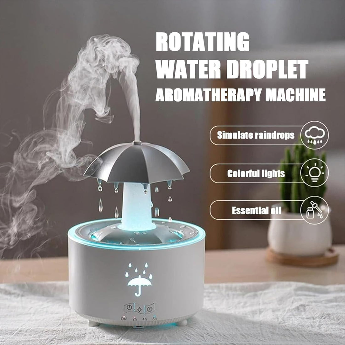 Umbrella Humidifier, Umbrella Diffuser with Rain Effect, Misefy Zupina Humidifier, Umbrella Waterfall Humidifier with Water Droplets, 7-Color Led Rotating Aroma Diffuser with Remote (White-1 Pc)