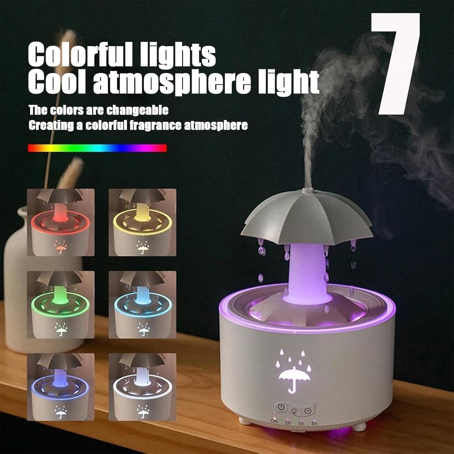Umbrella Humidifier, Umbrella Diffuser with Rain Effect, Misefy Zupina Humidifier, Umbrella Waterfall Humidifier with Water Droplets, 7-Color Led Rotating Aroma Diffuser with Remote (White-1 Pc)