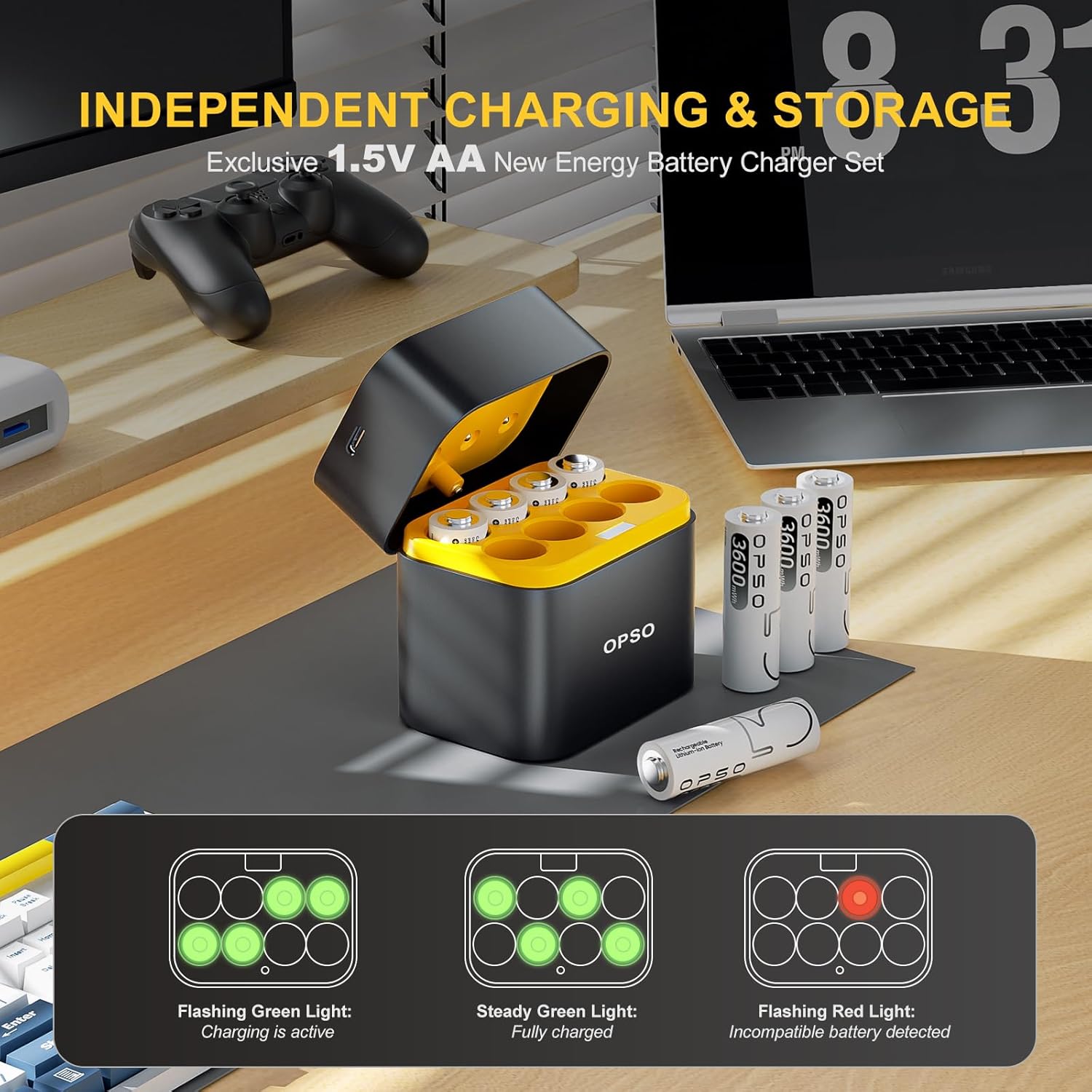 Lithium AA Rechargeable Batteries with Charger (8 Pack) - 1.5V 3600mWh High Capacity, Quick Charge 3H,2000+ Cycles for Blink Camera, Xbox Controller, Doorbell, Toys - Replaces NiMH/NiCd Batteries