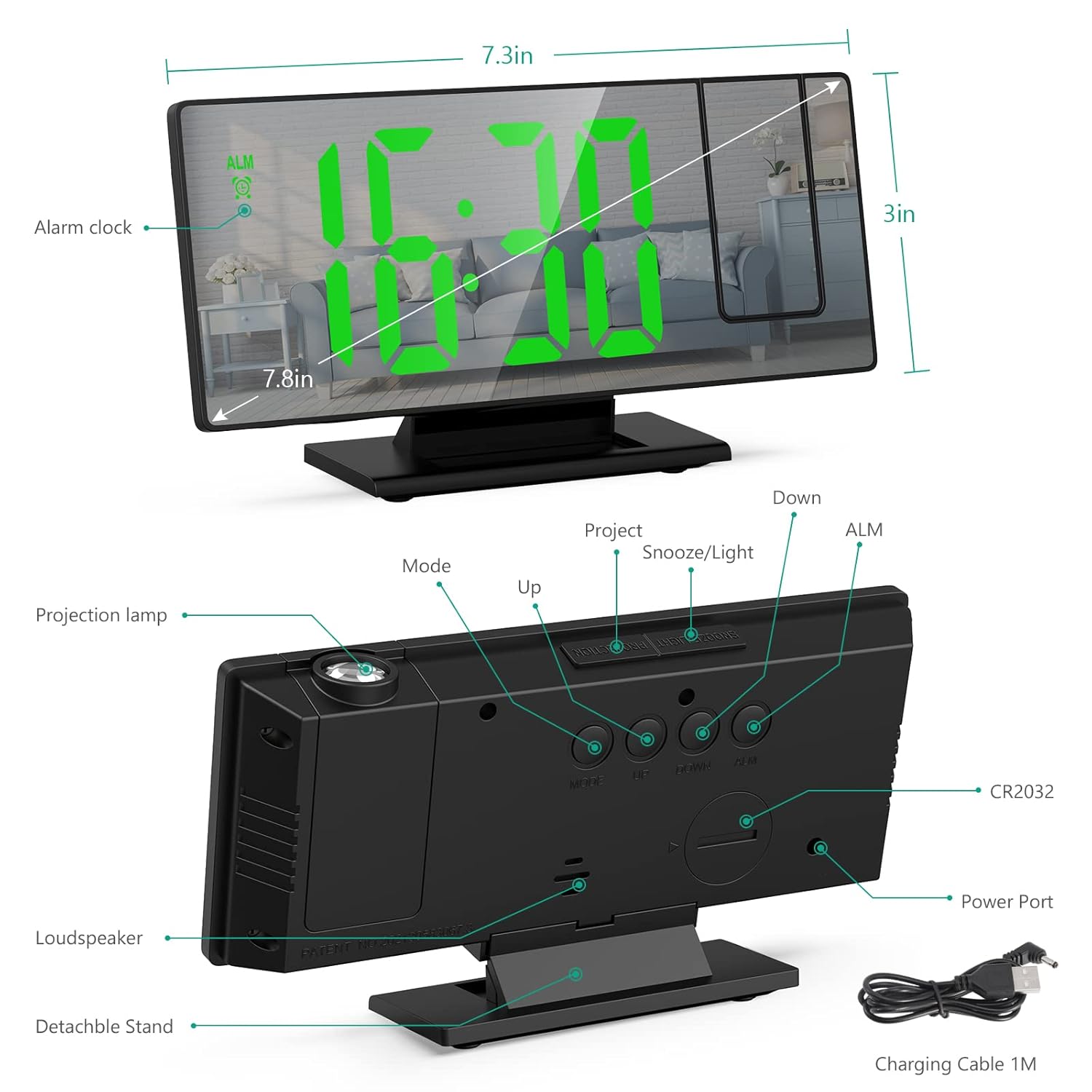 ZUDEX Projection Alarm Clock, LED Electronic Alarm Clock, 7.8" Mirror Desk Alarm Clock with Temperature, Adjustable Brightness, Snooze Mode for Bedroom, Office
