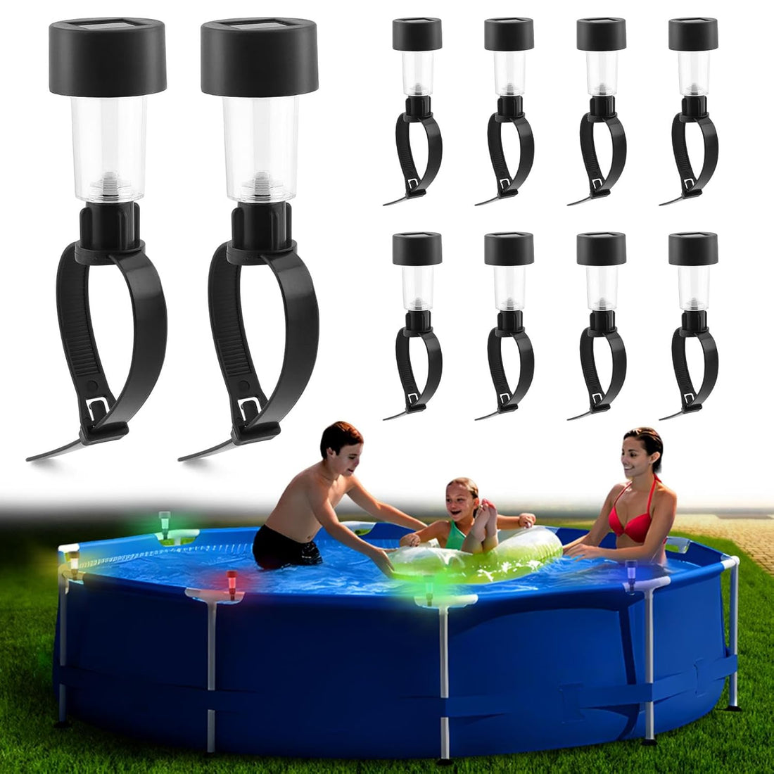 Trasylph 10PCS Solar Colorful Lights for Framed Above Ground Pools, Waterproof Swimming Pool Accessories Lights, Outdoor Yard Garden Pools Decoration Night Light