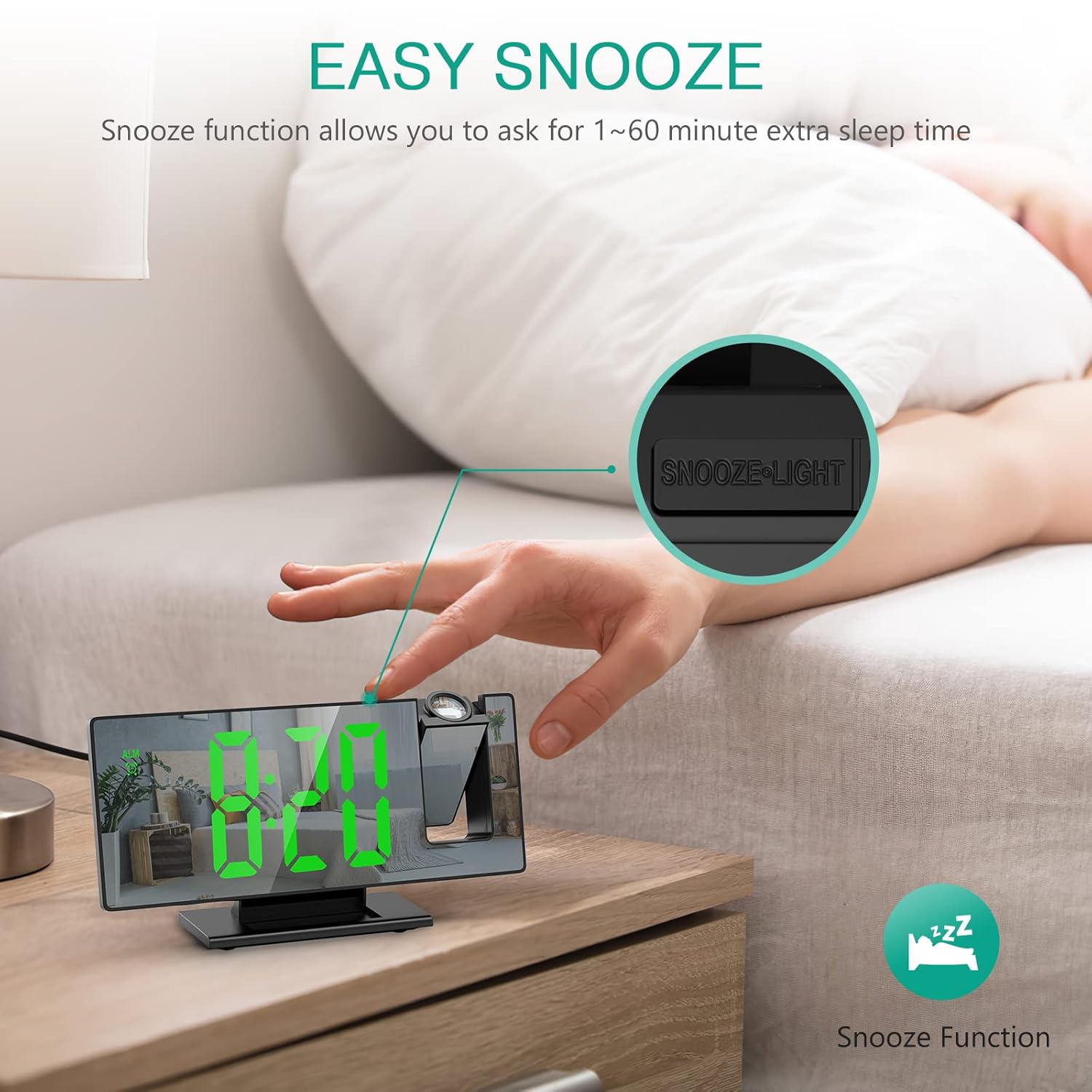 ZUDEX Projection Alarm Clock, LED Electronic Alarm Clock, 7.8" Mirror Desk Alarm Clock with Temperature, Adjustable Brightness, Snooze Mode for Bedroom, Office