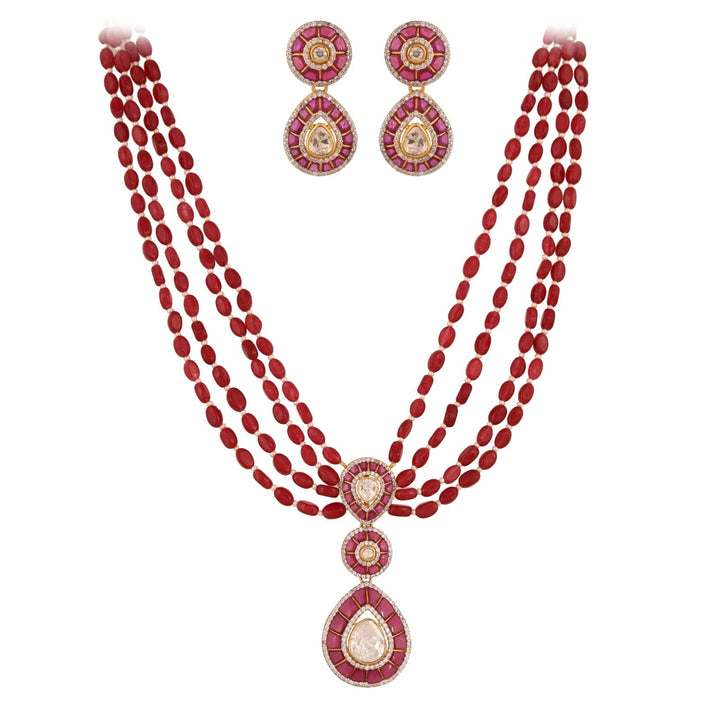 Traditional Red Beads Necklace Set with Polki/Kundan Pendant & Earrings – Wedding Jewelry